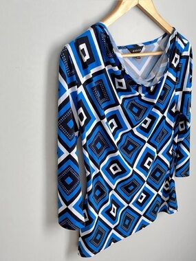Jessica Blue Geometric Print Cowl Neck Top -Size M